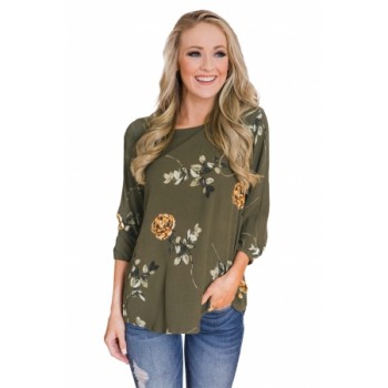 Apricot Button up Back Floral Blouse Green